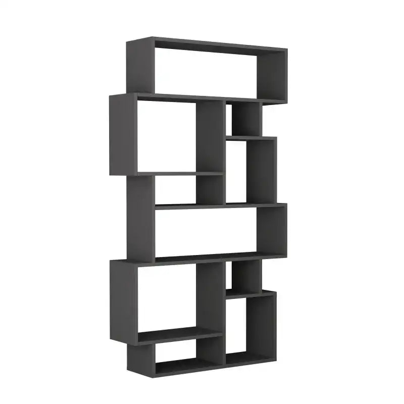 Tall modern bookcase display unit in dark grey with open cube compartments and top frame