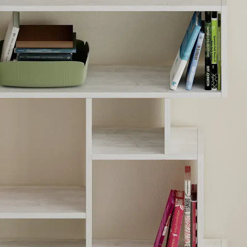 Tall modern bookcase display unit close-up of open cubby shelves, white finish