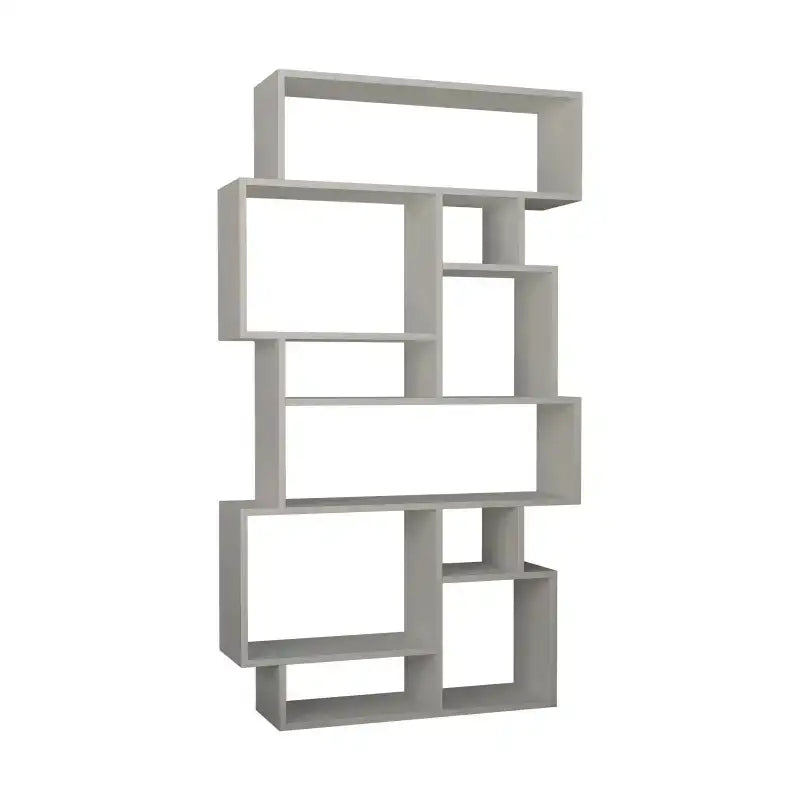 Modern tall bookcase frame with open cubby shelves, light gray finish, front view