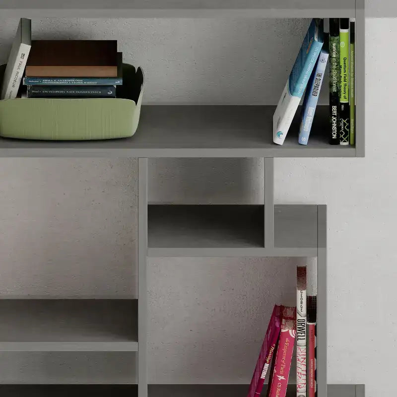 Tall modern bookcase display unit close-up of open cubby shelves, light grey finish