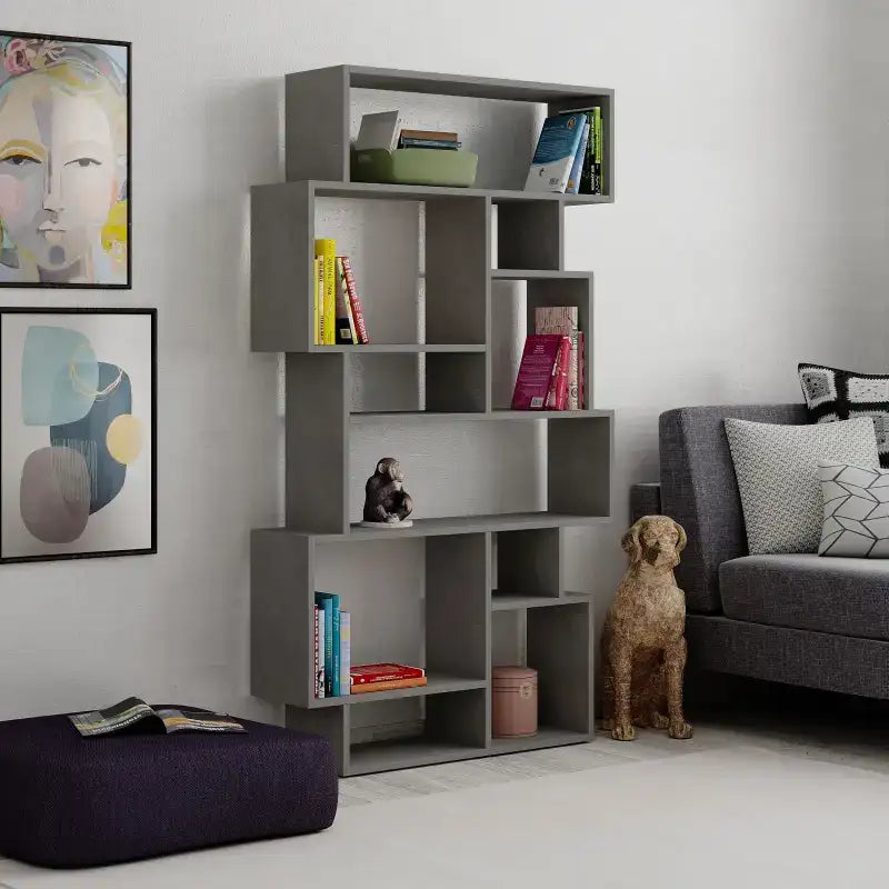 Tall grey bookcase display unit with open cubby shelves and central display section