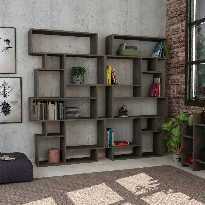 Tall modern bookcase display unit with open square cubby shelves, grey wood finish