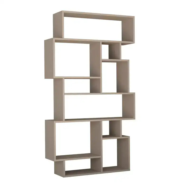 Tall modern bookcase display unit with open square cubby shelves, light wood finish
