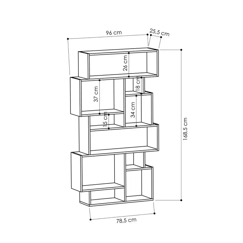 Tall bookcase display unit dimensions diagram with open shelf sections