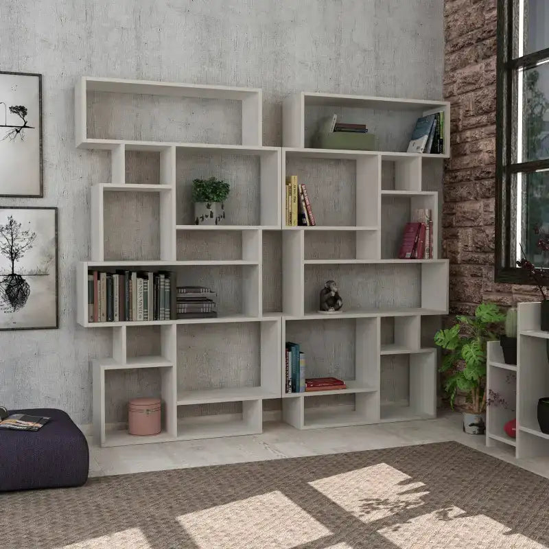 Wide modern tall bookcase with open cubby shelves, white finish, book and decor storage