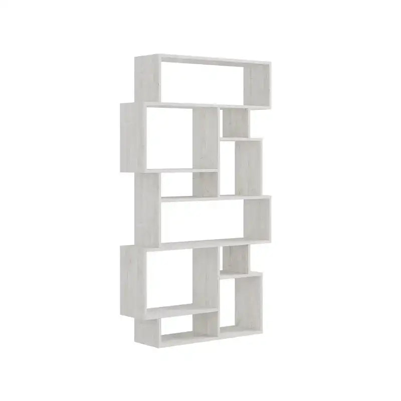 Tall modern bookcase display unit with open square cubby shelves, white finish