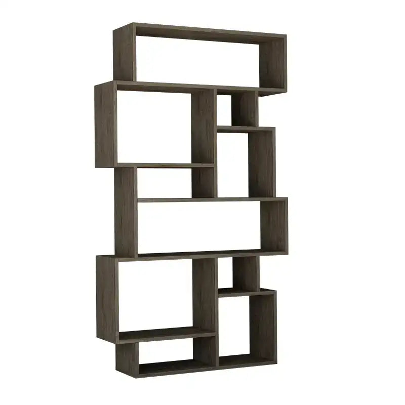 Tall modern bookcase display unit with open square cubby shelves, dark wood finish