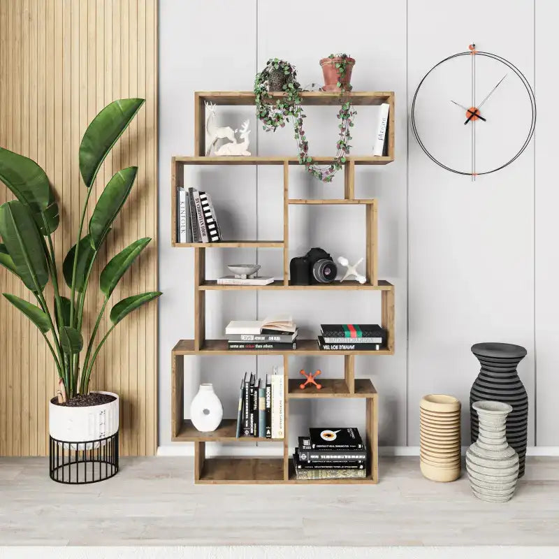 Tall bookcase display unit with light wood frame and open shelves for books and decor