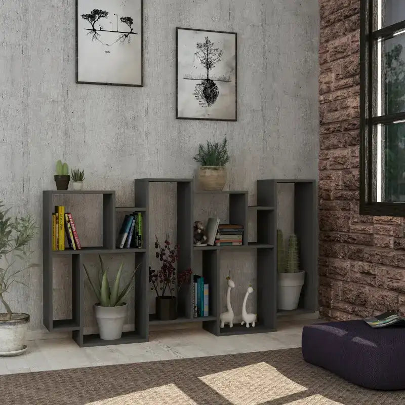Tall modern bookcase with open cubby shelves, dark gray finish, for books and decor