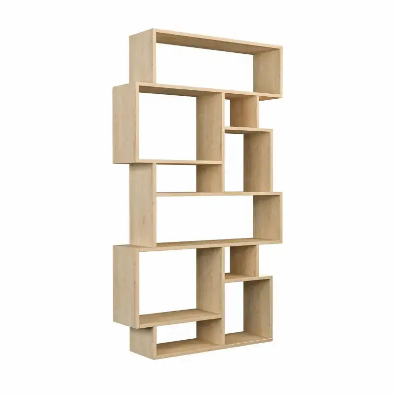 Tall modern bookcase with open cubby shelves, light oak finish, studio front view