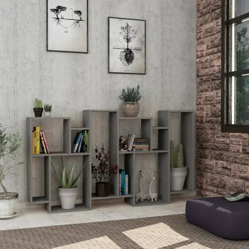 Tall modern bookcase display unit with open square cubby shelves, grey wood finish