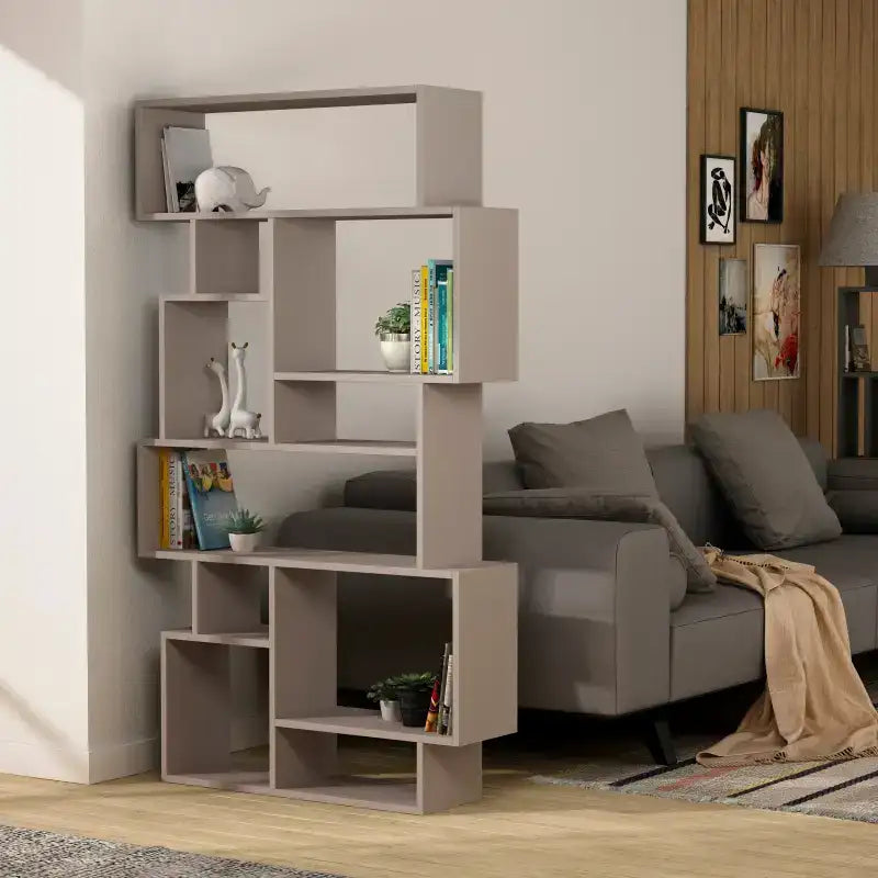 Tall modern bookcase display unit with open cubbies and horizontal shelves, light color
