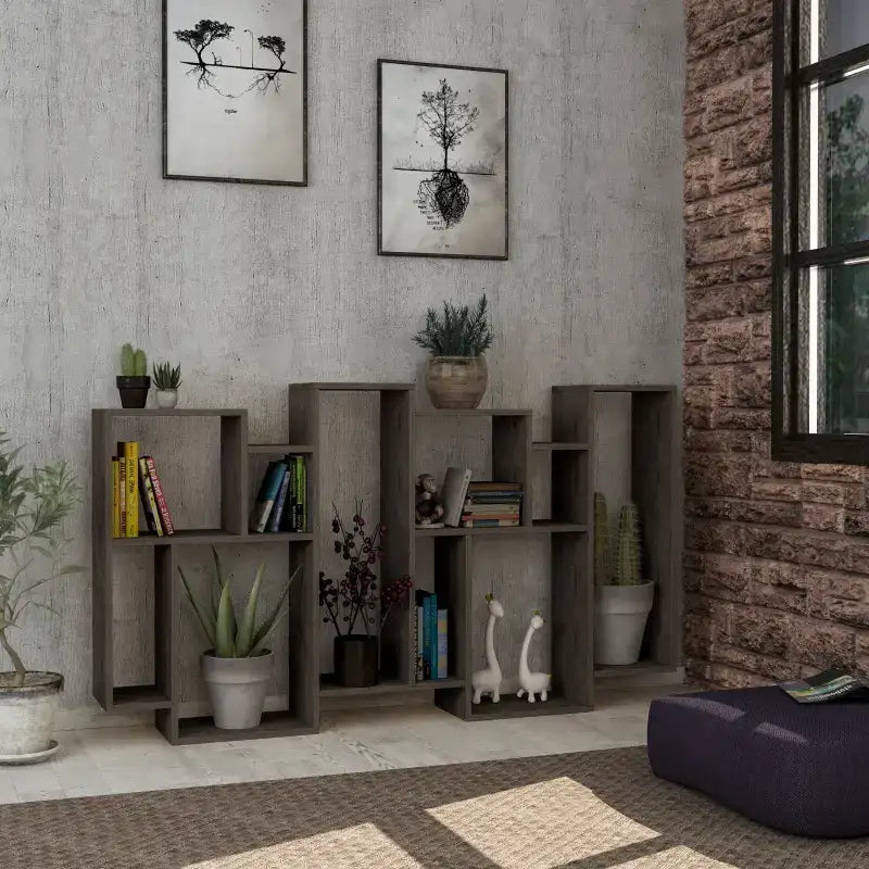 Tall modern bookcase display unit with open square cubby shelves, medium grey wood