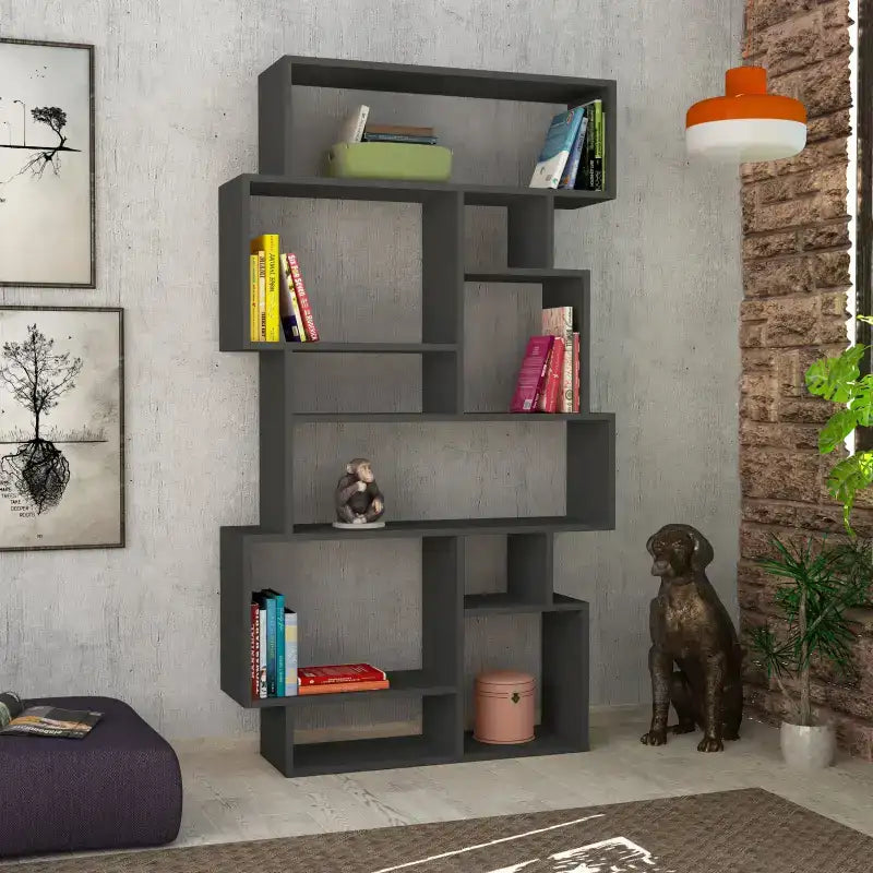 Tall anthracite bookcase display unit with open cubby shelves and top open section