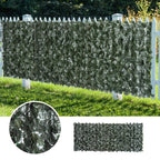 Dark green artificial leaf hedge fence privacy screen with mesh frame and garden posts.