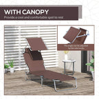 Brown adjustable sun lounger with canopy and side knobs for backrest angle