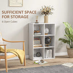 White 6-cube bookshelf with open cubbies for storage, books, and decor