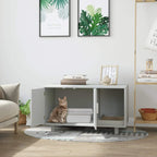 Grey wooden pet litter box enclosure with open doors showing inner tray and scratching pad