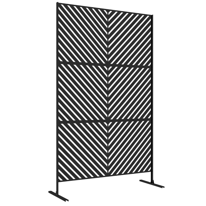 Black metal outdoor privacy divider with triangle pattern and freestanding stand, 6.5 ft