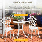 White bistro table with two ornate chairs, floral cutout backs and curved feet