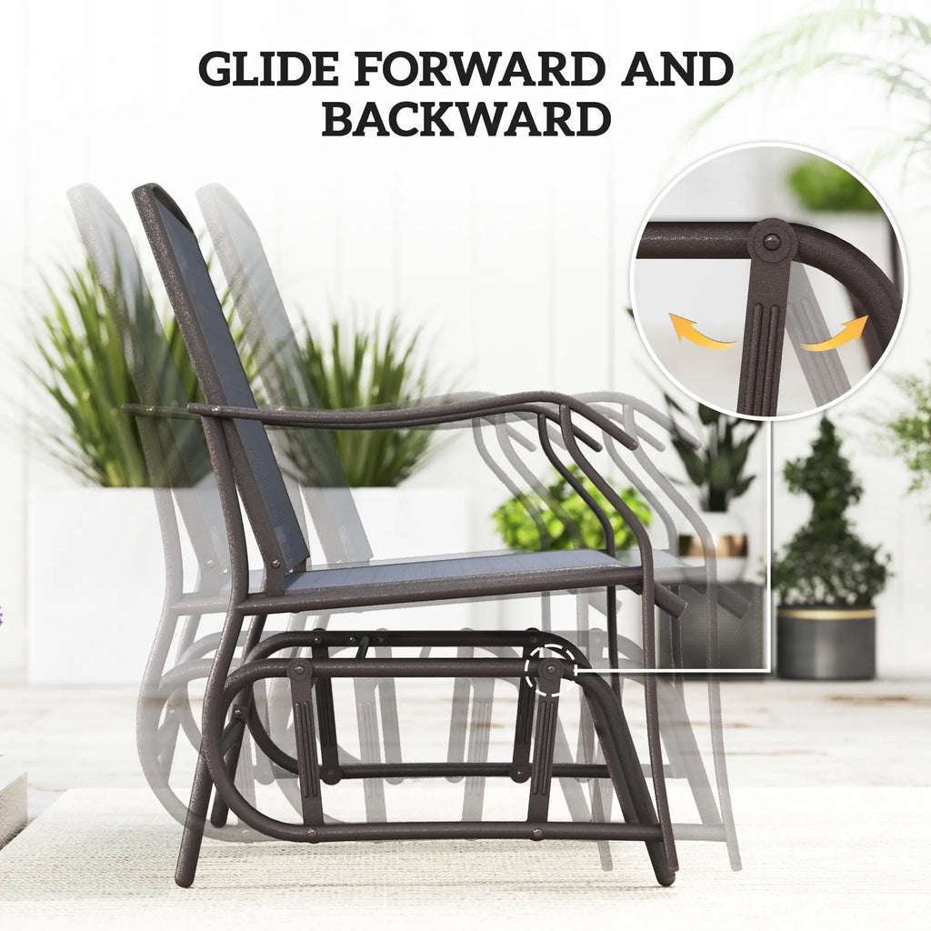 Grey textilene rocking chair shown gliding forward and backward