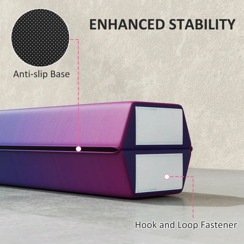 Purple balance beam with anti-slip base panels and hook-and-loop straps