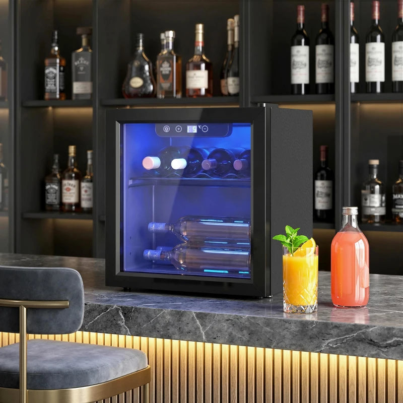 Black tabletop wine cooler with blue-lit glass door for storing bottles on racks.