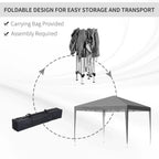 Foldable grey pop-up gazebo tent with carrying bag and compact setup illustration