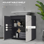 Light grey under-sink cabinet with adjustable interior shelf behind double doors