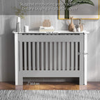 White radiator cover cabinet with vertical slat grill and open bottom space