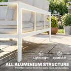 White outdoor armchair with gray cushions and open-style white frame