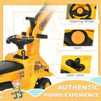 Yellow ride-on excavator tractor pull cart featuring steering wheel, horn, and gear level