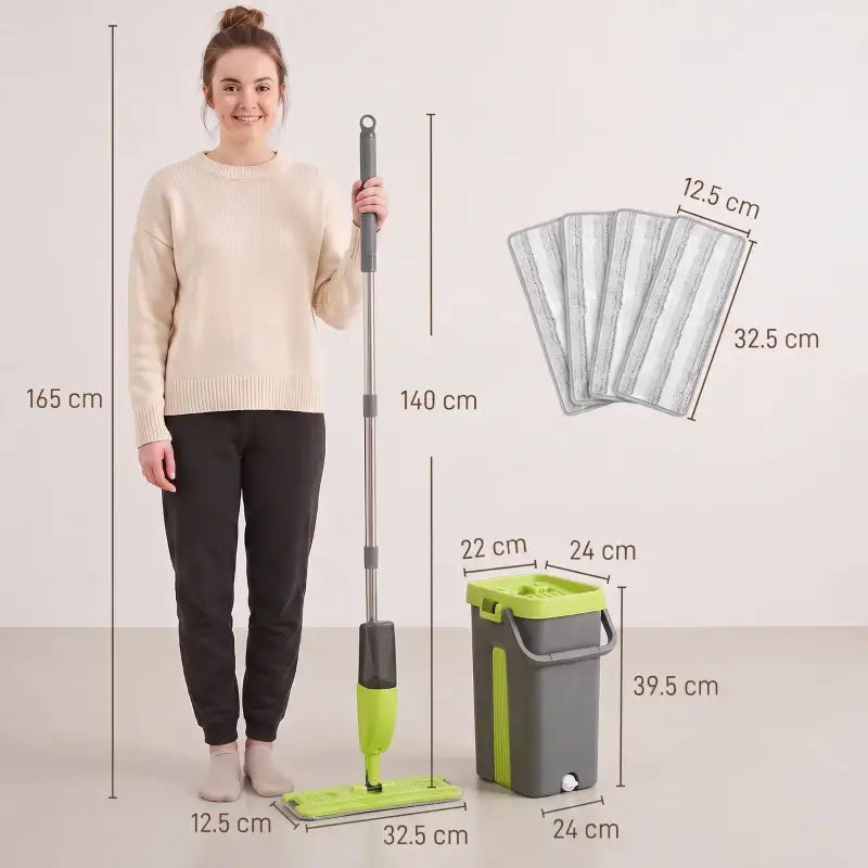 Compact flat mop system with wringer bucket and green-and-grey flat mop head, shown with size