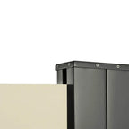 Dark gray top housing and bracket for retractable cream patio screen panel