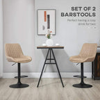 Set of 2 light khaki upholstered bar stools with backrests and black swivel bases