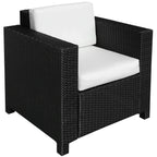 Black rattan armchair with thick white padded seat and back, including armrests