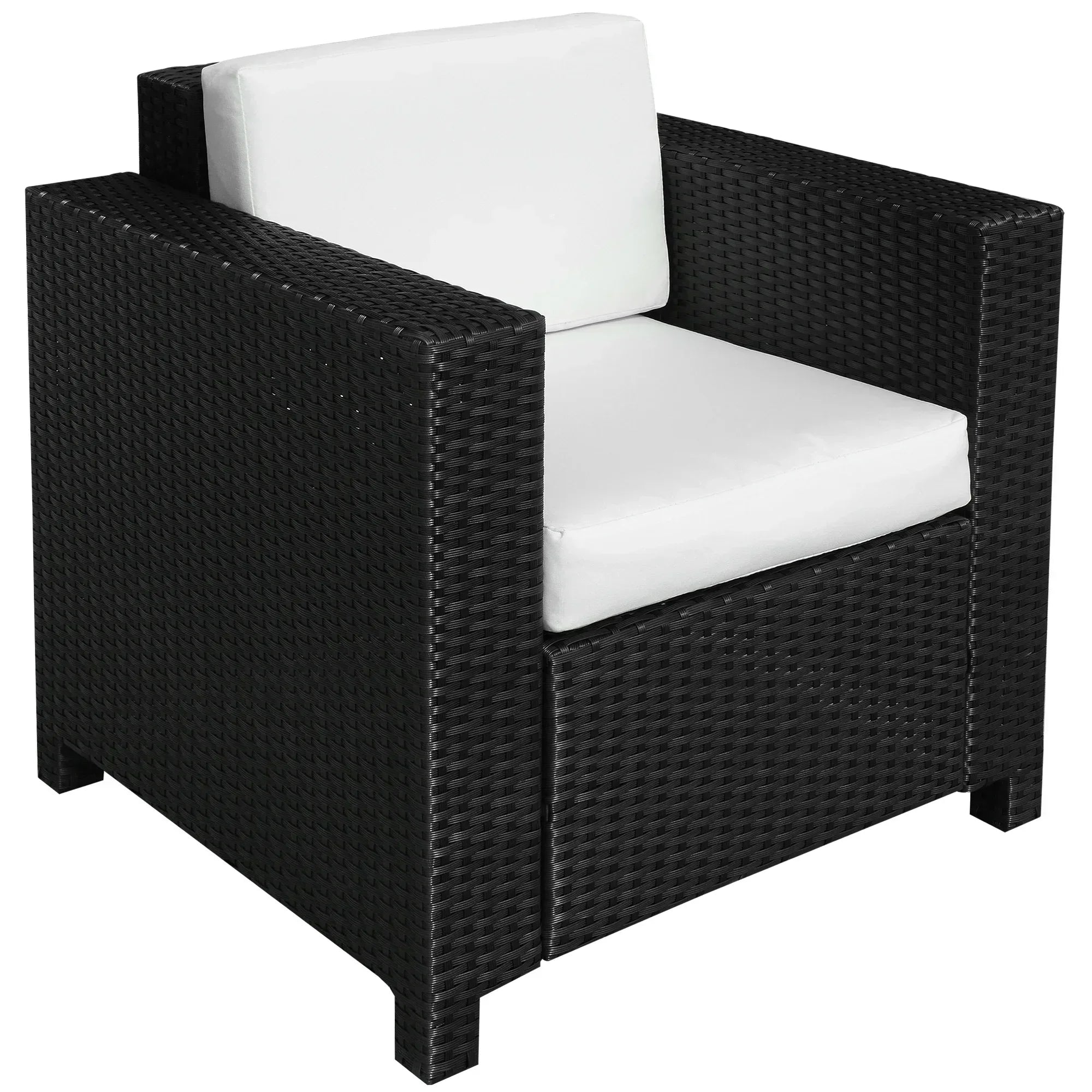 Single Seater Rattan Chair Sofa with 10 cm Thick Padded Cushion, All-Weather PE Wicker Weave Garden Armchair with Armrests, Black - Bobobiy