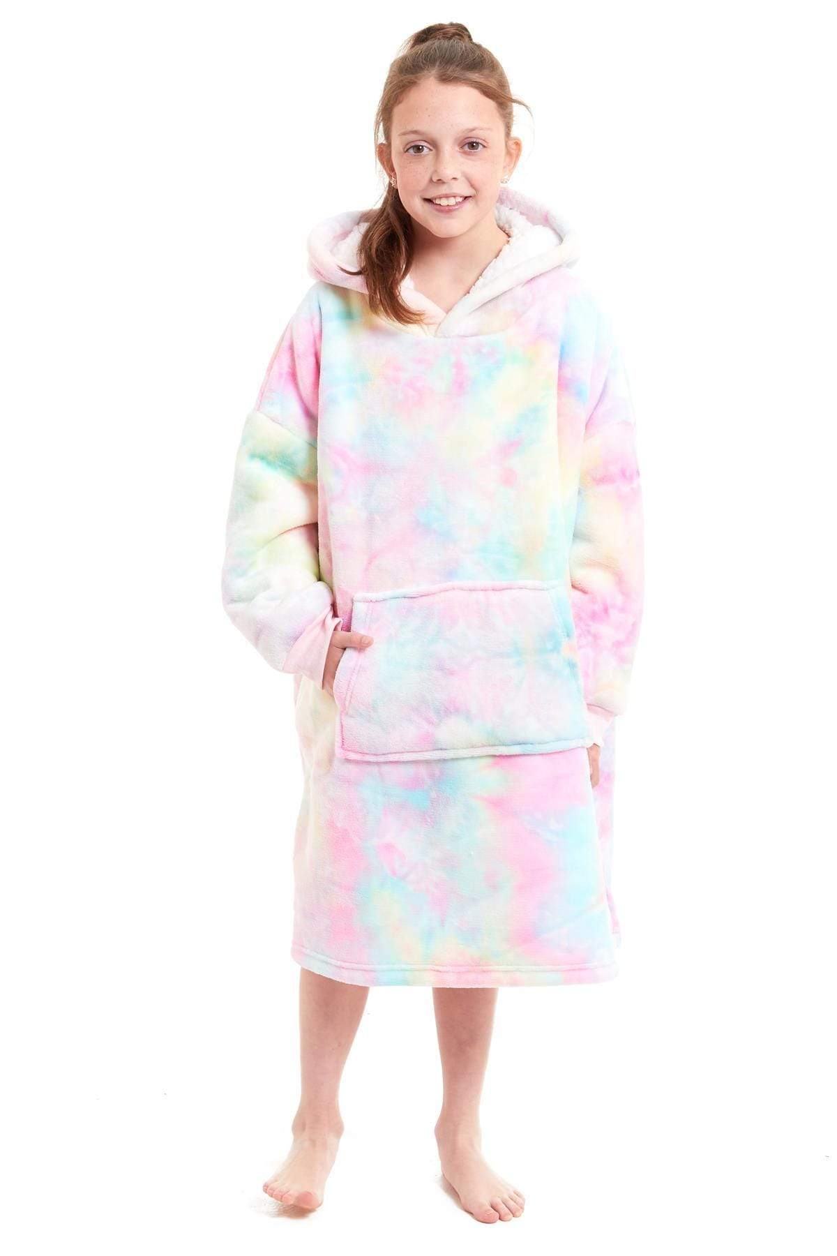 Kids Oversized Hooded Fleece Blanket Ultra-Soft Sherpa Fur with Elastic Cuffs and Double Pocket for Ages 8-15