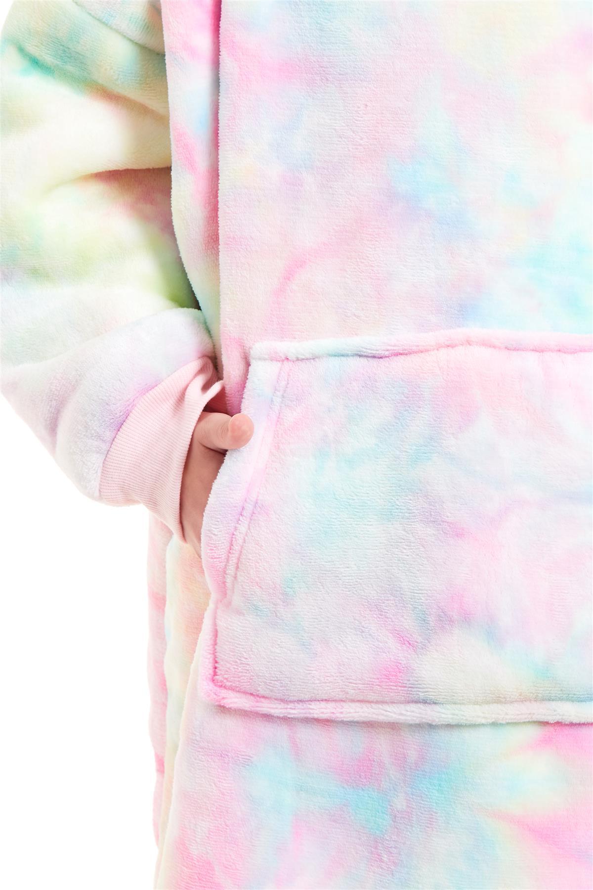 Kids Oversized Hooded Fleece Blanket Ultra-Soft Sherpa Fur with Elastic Cuffs and Double Pocket for Ages 8-15