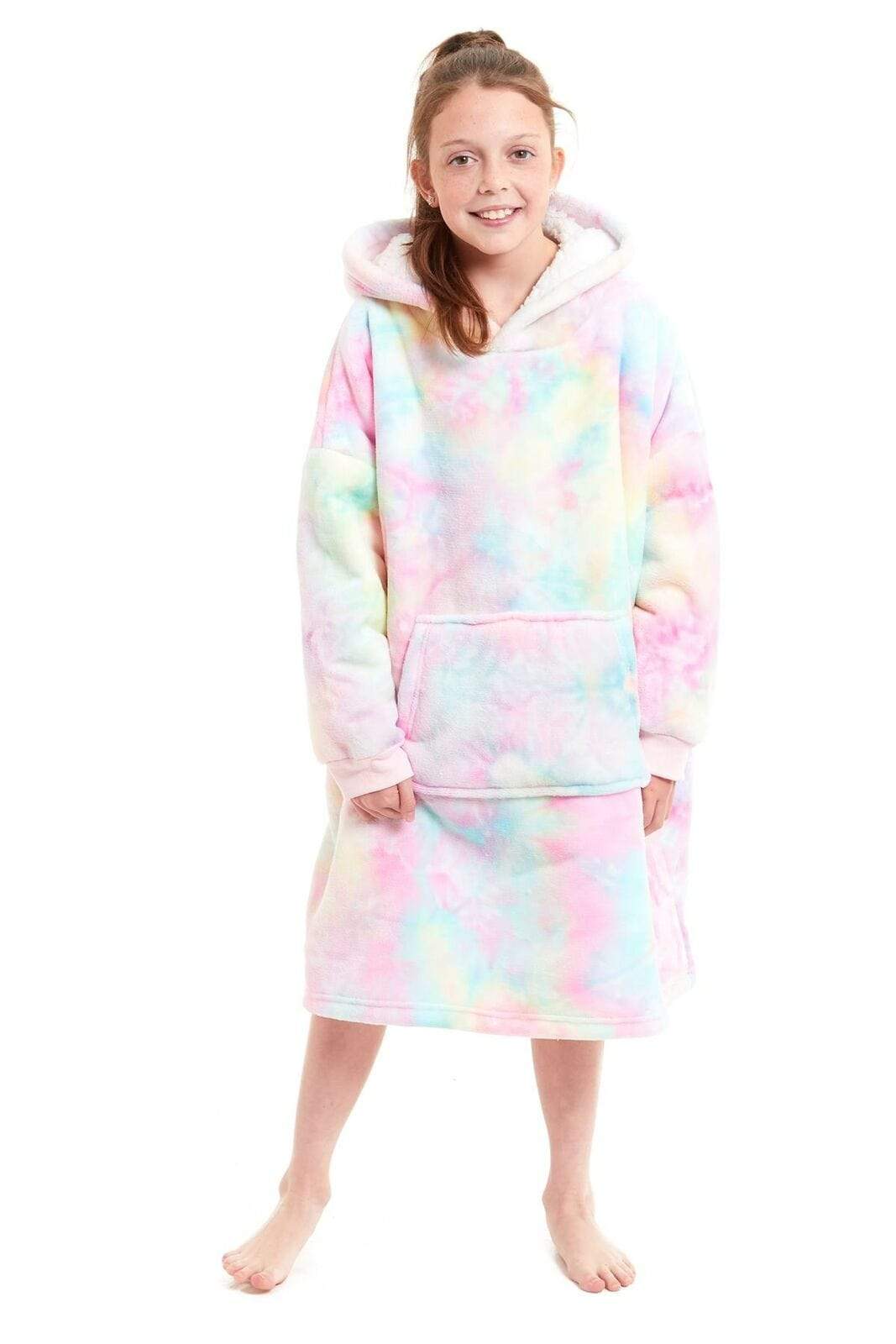 Kids Oversized Hooded Fleece Blanket Ultra-Soft Sherpa Fur with Elastic Cuffs and Double Pocket for Ages 8-15