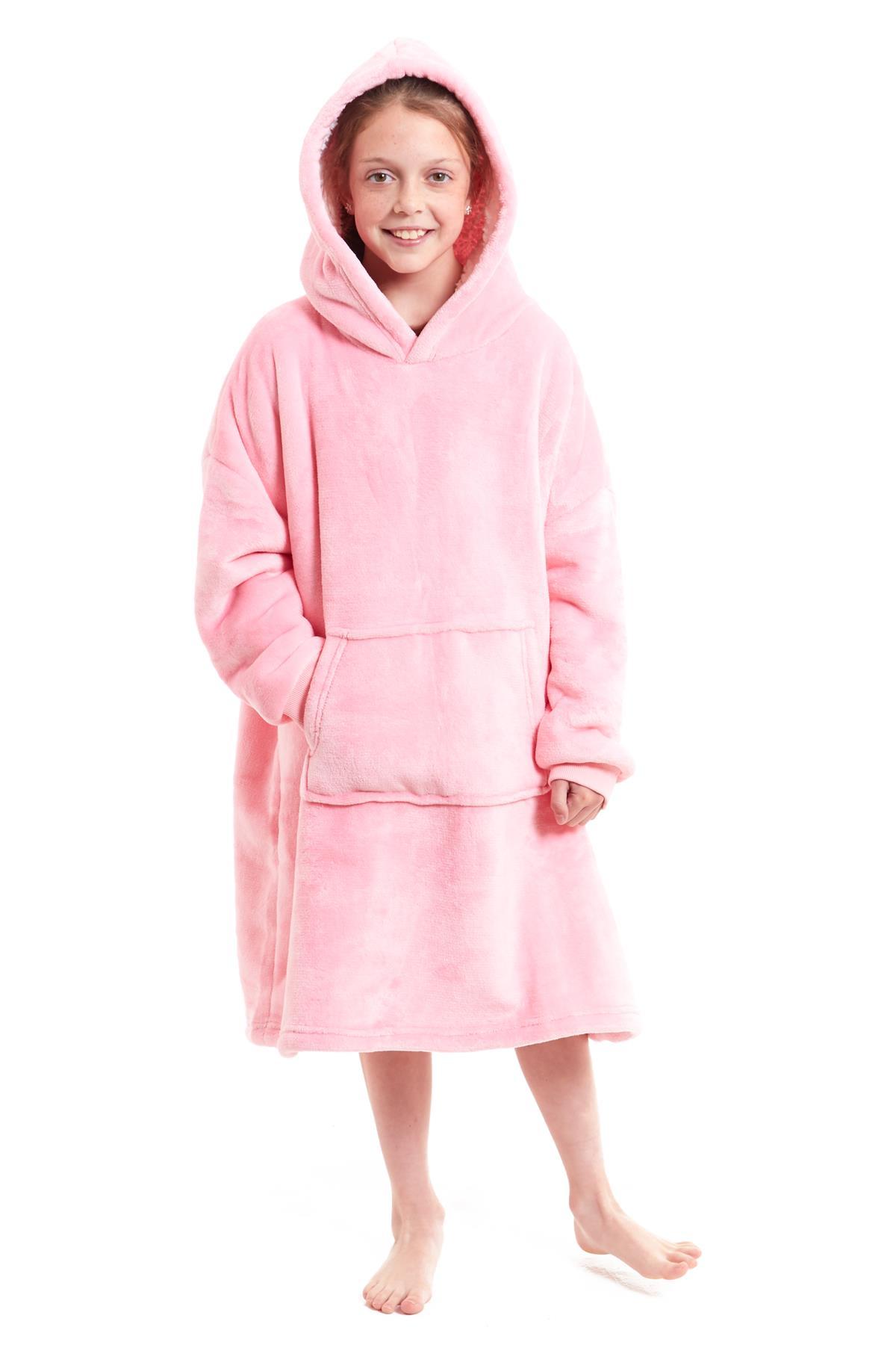 Kids Oversized Hooded Fleece Blanket Ultra-Soft Sherpa Fur with Elastic Cuffs and Double Pocket for Ages 8-15