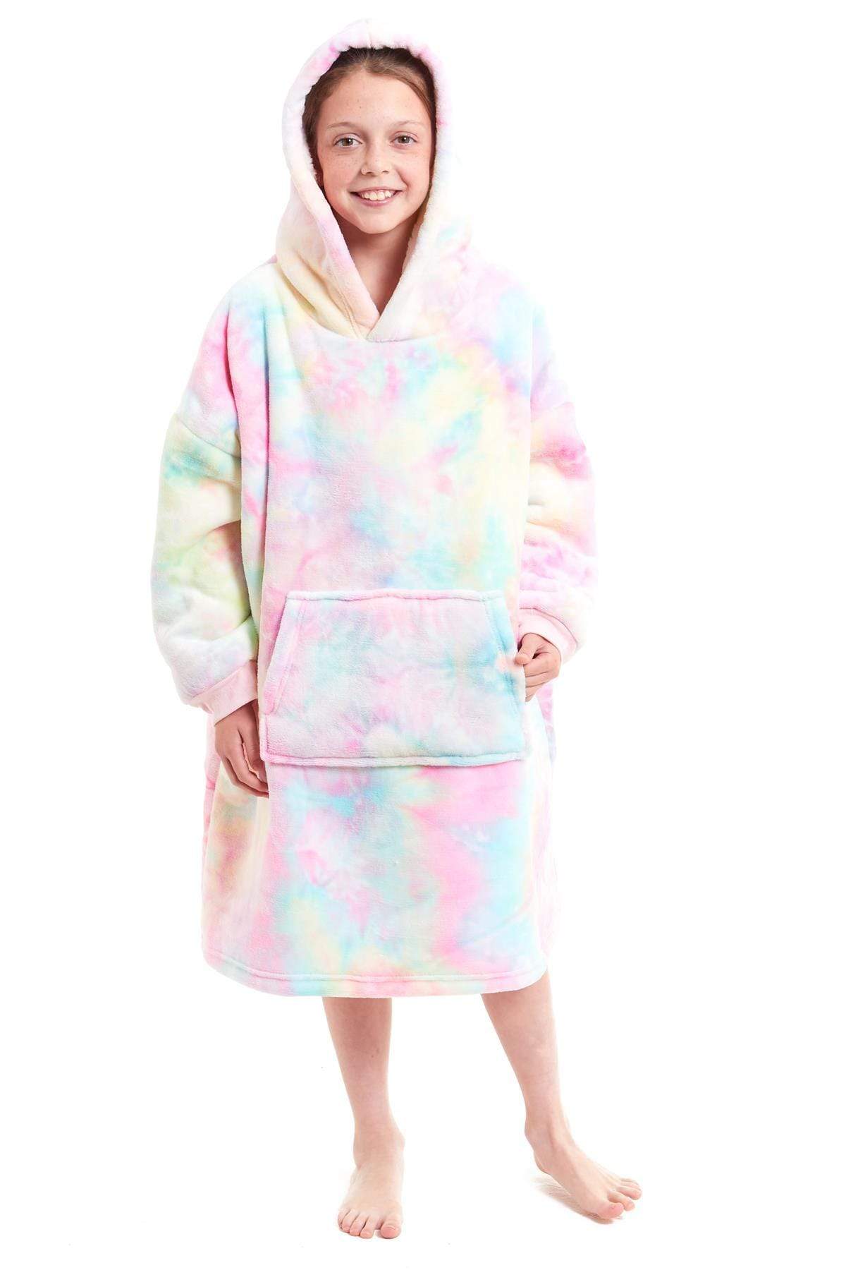 Kids Oversized Hooded Fleece Blanket Ultra-Soft Sherpa Fur with Elastic Cuffs and Double Pocket for Ages 8-15
