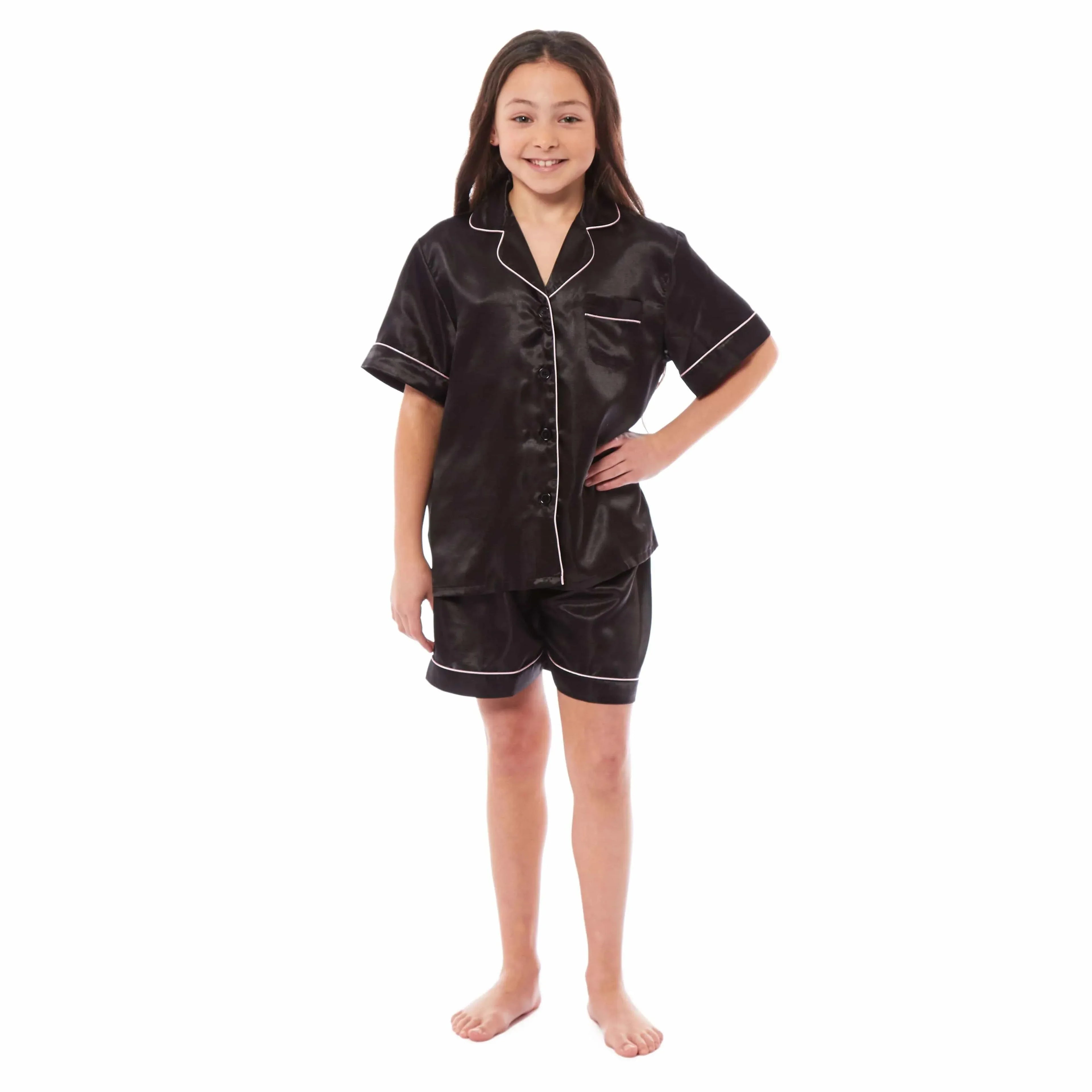 kids-satin-silk-pyjama-set-for-girls-with-button-down-shirt-and-loose-fitting-pants-comfortable-loungewear-in-black-pink-grey-ages-5-14-by-daisy-dreamer-5-6-yrs-black-pyjamas-11765134 - Bobobiy