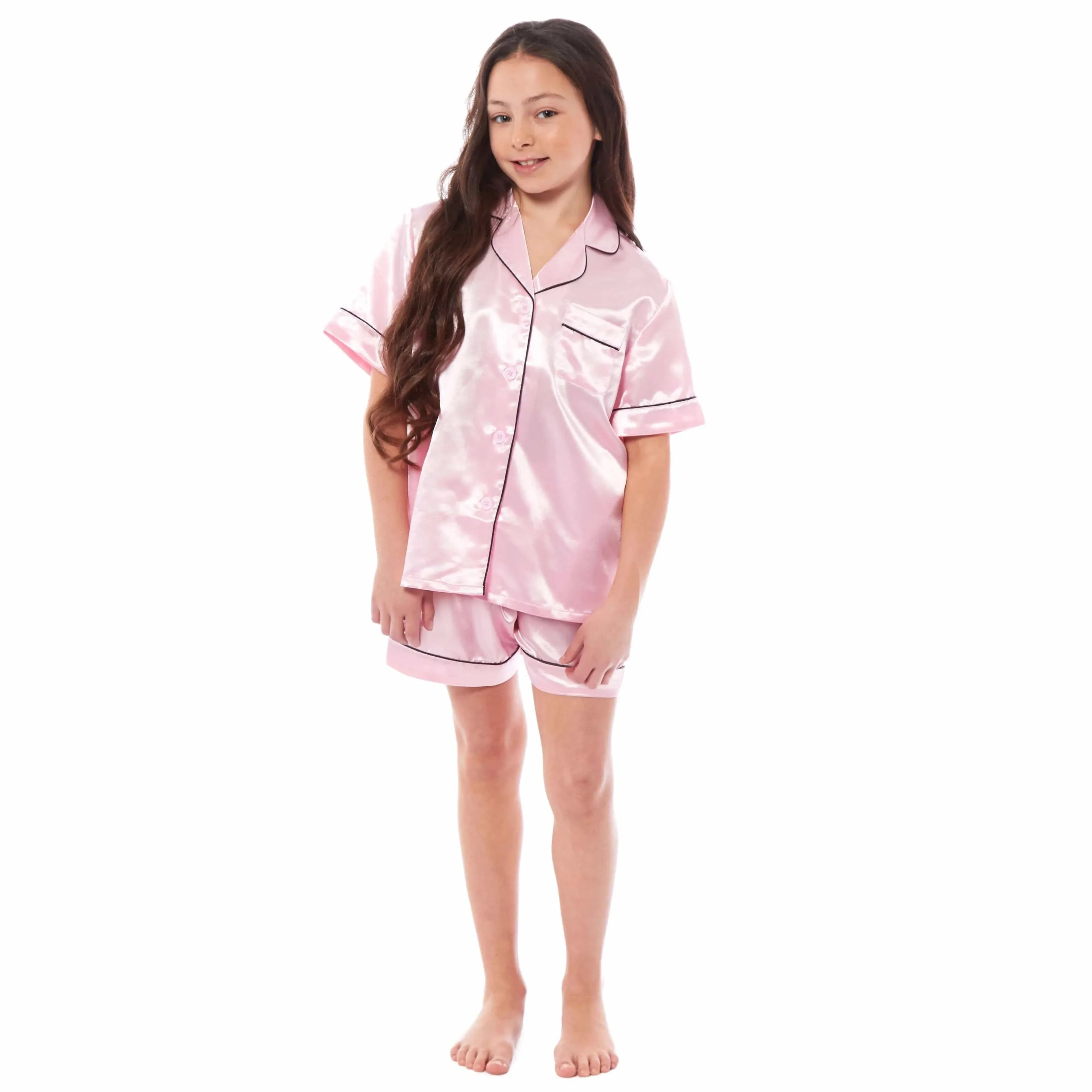 kids-satin-silk-pyjama-set-for-girls-with-button-down-shirt-and-loose-fitting-pants-comfortable-loungewear-in-black-pink-grey-ages-5-14-by-daisy-dreamer-pyjamas-1176513393 - Bobobiy