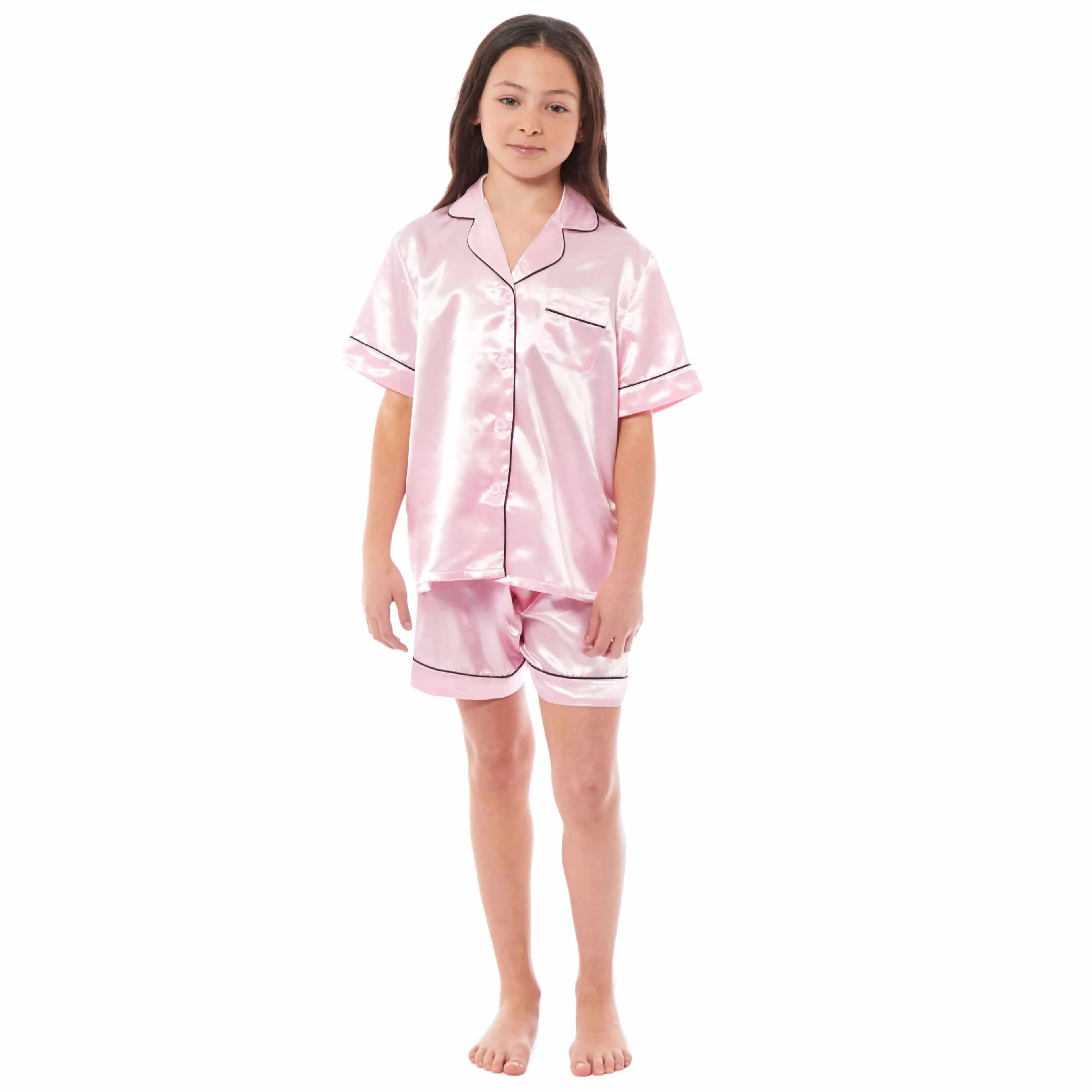 kids-satin-silk-pyjama-set-for-girls-with-button-down-shirt-and-loose-fitting-pants-comfortable-loungewear-in-black-pink-grey-ages-5-14-by-daisy-dreamer-pyjamas-1176513395 - Bobobiy