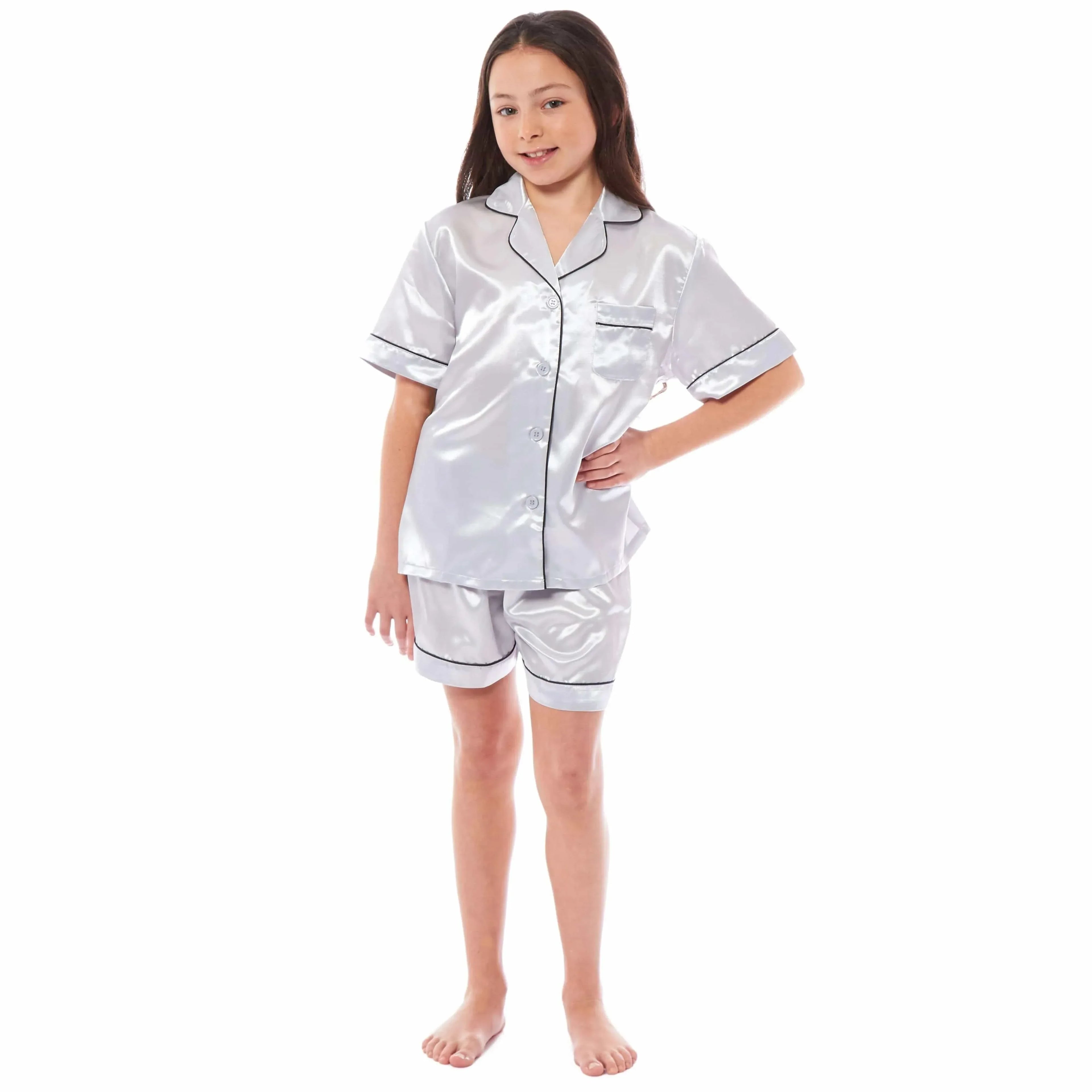 kids-satin-silk-pyjama-set-for-girls-with-button-down-shirt-and-loose-fitting-pants-comfortable-loungewear-in-black-pink-grey-ages-5-14-by-daisy-dreamer-pyjamas-1176513400 - Bobobiy