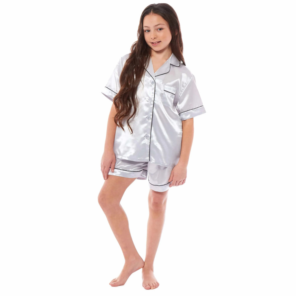 kids-satin-silk-pyjama-set-for-girls-with-button-down-shirt-and-loose-fitting-pants-comfortable-loungewear-in-black-pink-grey-ages-5-14-by-daisy-dreamer-pyjamas-1176513402 - Bobobiy