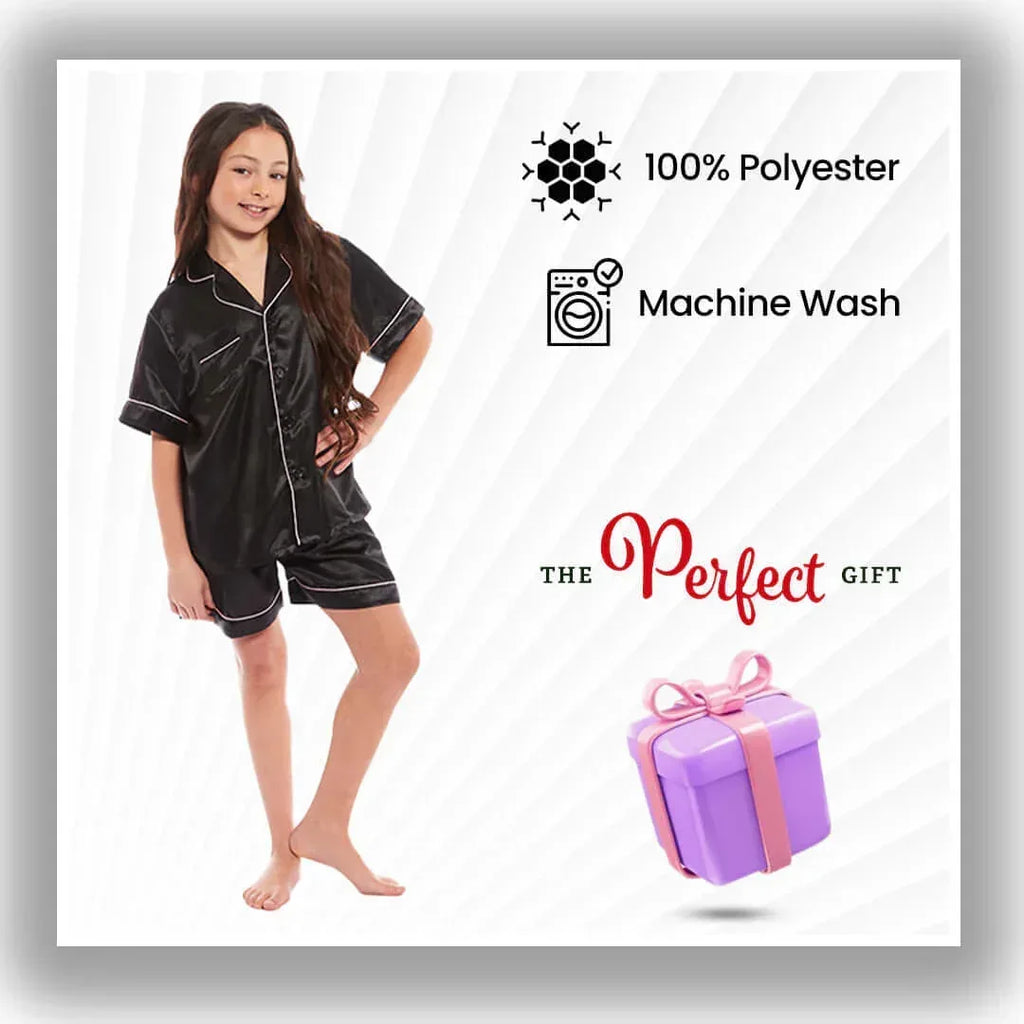 kids-satin-silk-pyjama-set-for-girls-with-button-down-shirt-and-loose-fitting-pants-comfortable-loungewear-in-black-pink-grey-ages-5-14-by-daisy-dreamer-pyjamas-1176513404 - Bobobiy