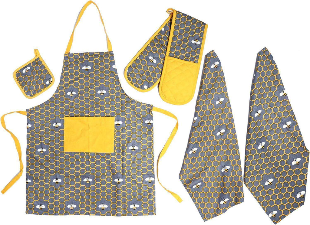Kitchen utility set with honeycomb apron, heat gloves, pot holder, and kitchen towels