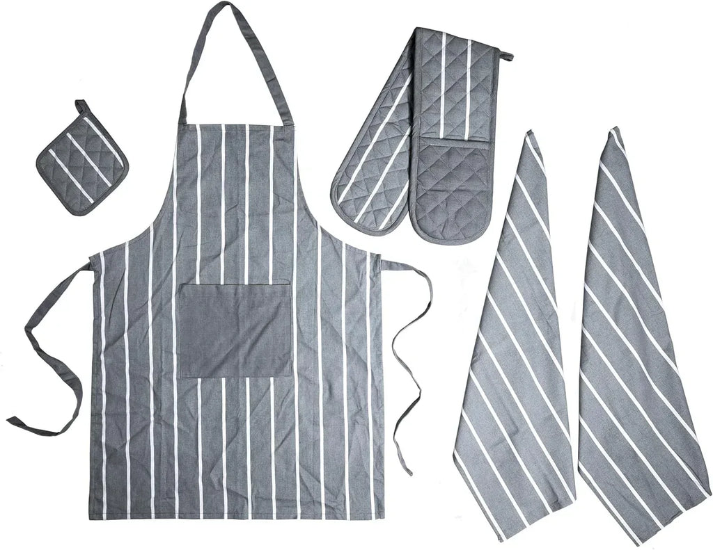 Kitchen utility set with striped grey apron, pot holder, oven mitts, and kitchen towels